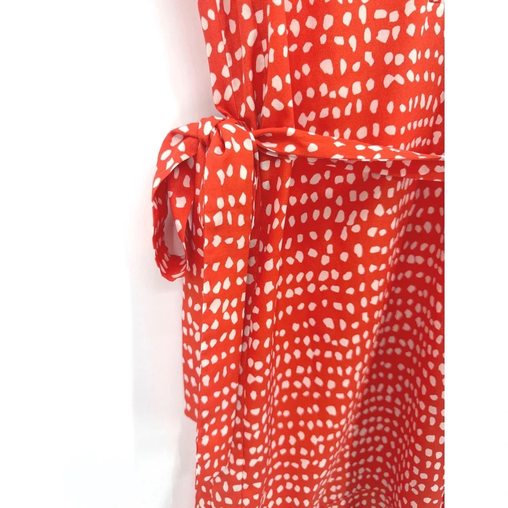 Ann Taylor Shift Womens Dress M Orange White Polka Dot Sleeveless Belted V-Neck